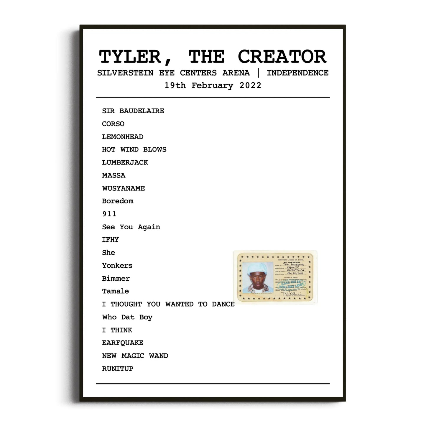 Tyler, The Creator Independence 19 February 2022 Setlist Poster