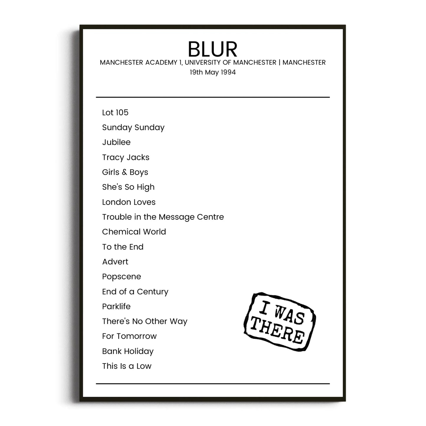 Blur Manchester 19 May 1994 Setlist Poster