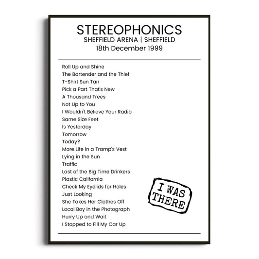 Stereophonics Sheffield 18 December 1999 Setlist Poster