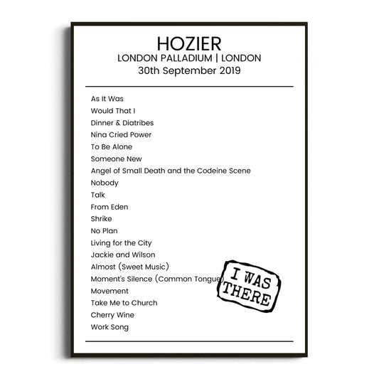 Hozier London 30 September 2019 Setlist Poster