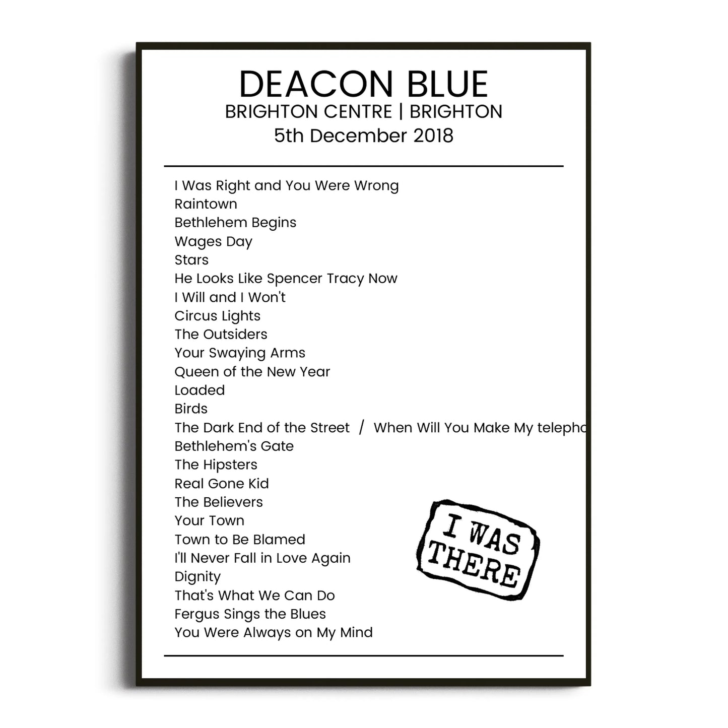 Deacon Blue Brighton 05 December 2018 Setlist Poster