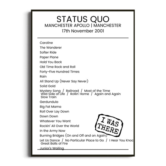 Status Quo Manchester 17 November 2001 Setlist Poster