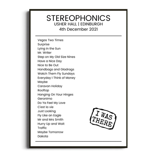 Stereophonics Edinburgh 04 December 2021 Setlist Poster