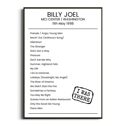 Billy Joel Washington 11 May 1998 Setlist Poster