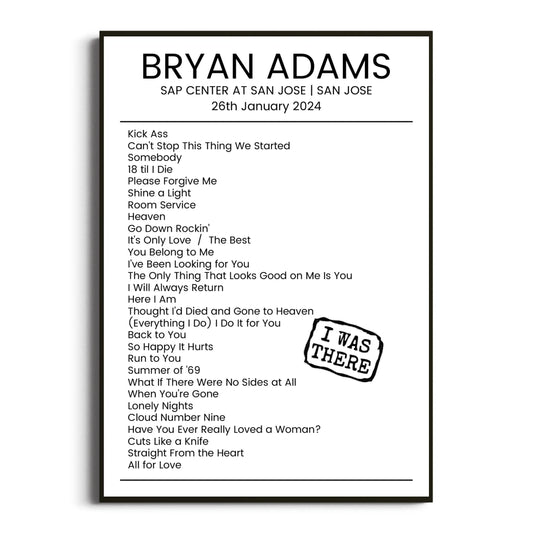 Bryan Adams San Jose 26 January 2024 Setlist Poster