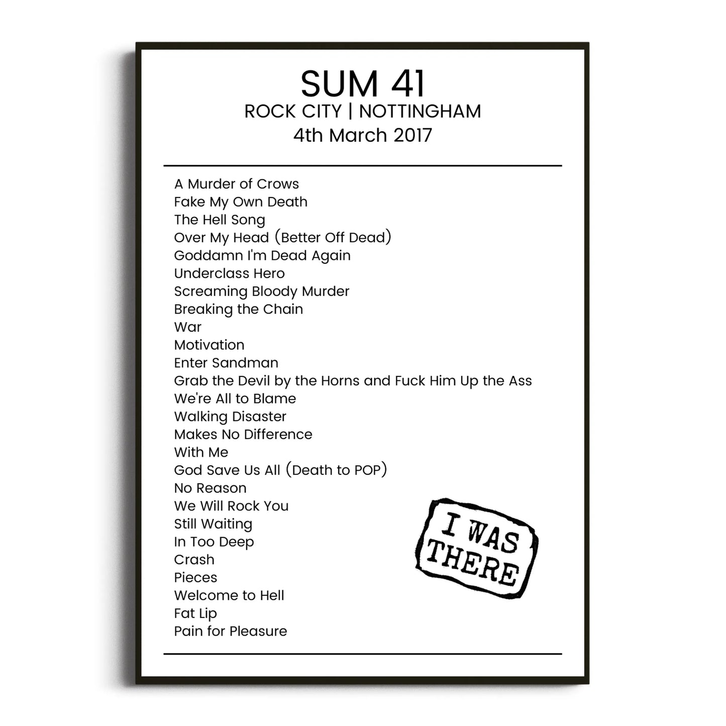 Sum 41 Nottingham 04 March 2017 Setlist Poster