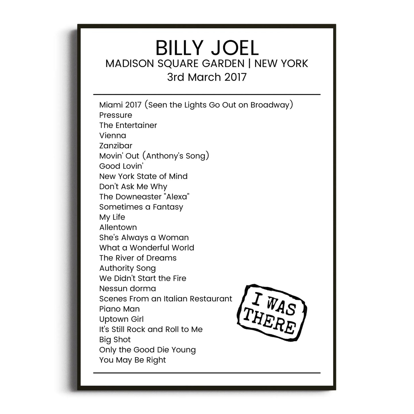 Billy Joel New York 03 March 2017 Setlist Poster