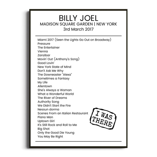 Billy Joel New York 03 March 2017 Setlist Poster