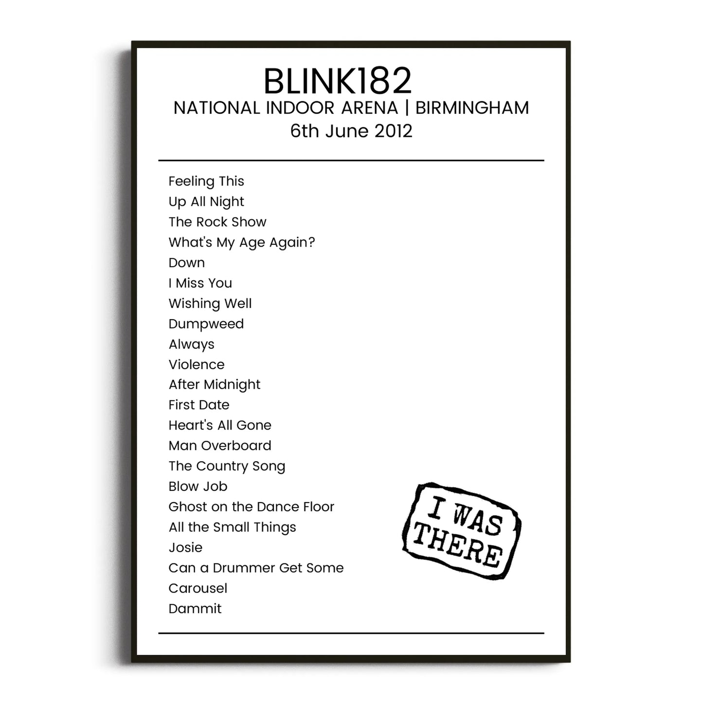 blink‐182 Birmingham 06 June 2012 Setlist Poster