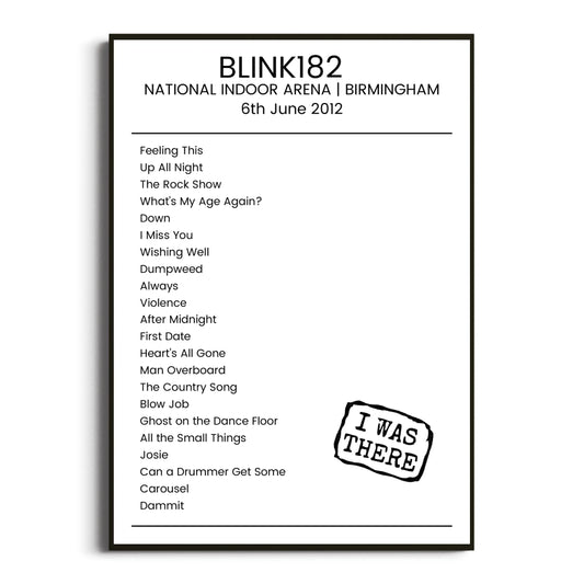 blink‐182 Birmingham 06 June 2012 Setlist Poster