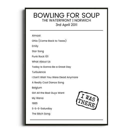 Bowling for Soup Norwich 03 April 2011 Setlist Poster