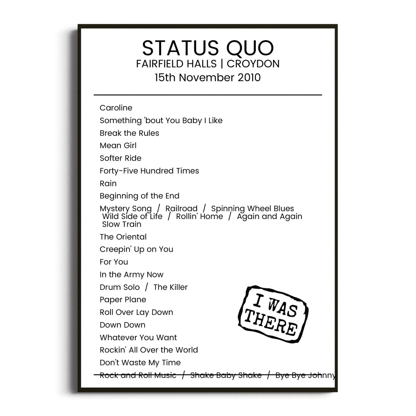 Status Quo Croydon 15 November 2010 Setlist Poster