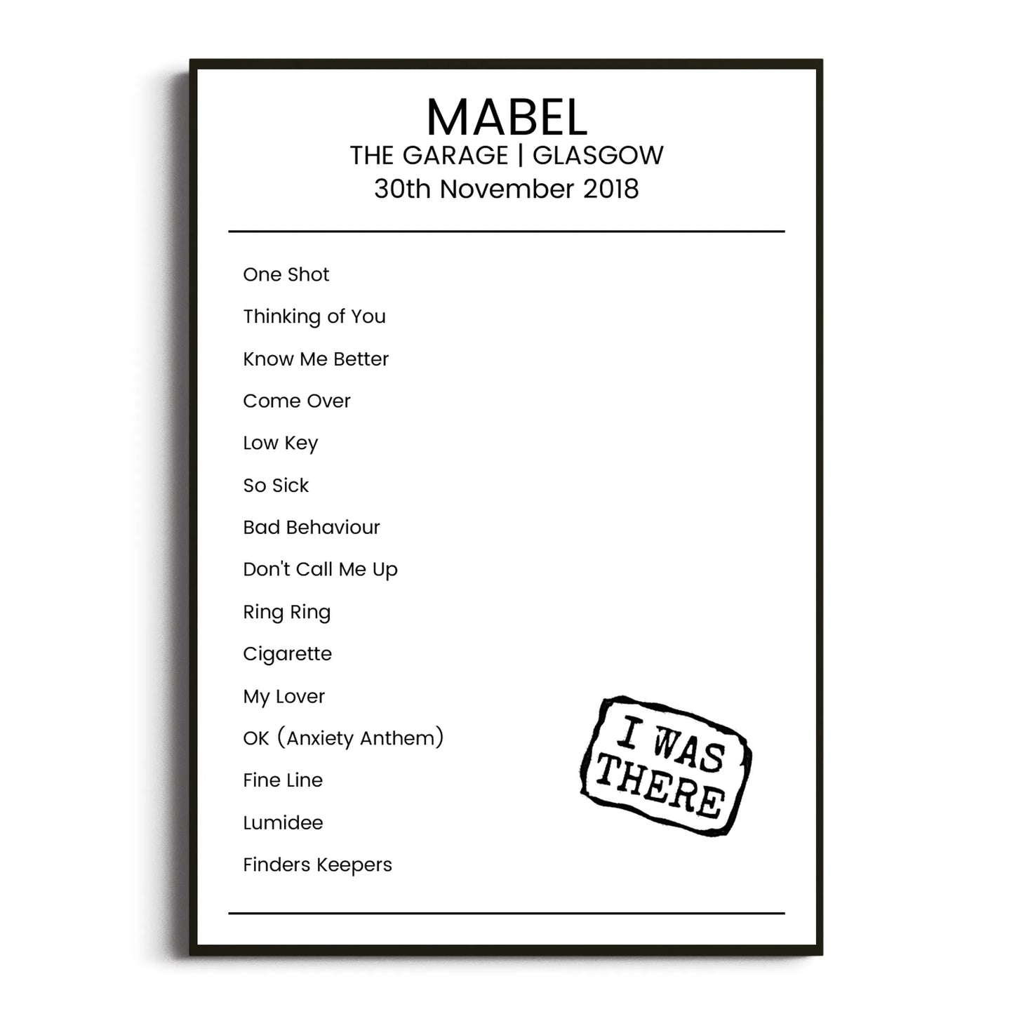 Mabel Glasgow 30 November 2018 Setlist Poster