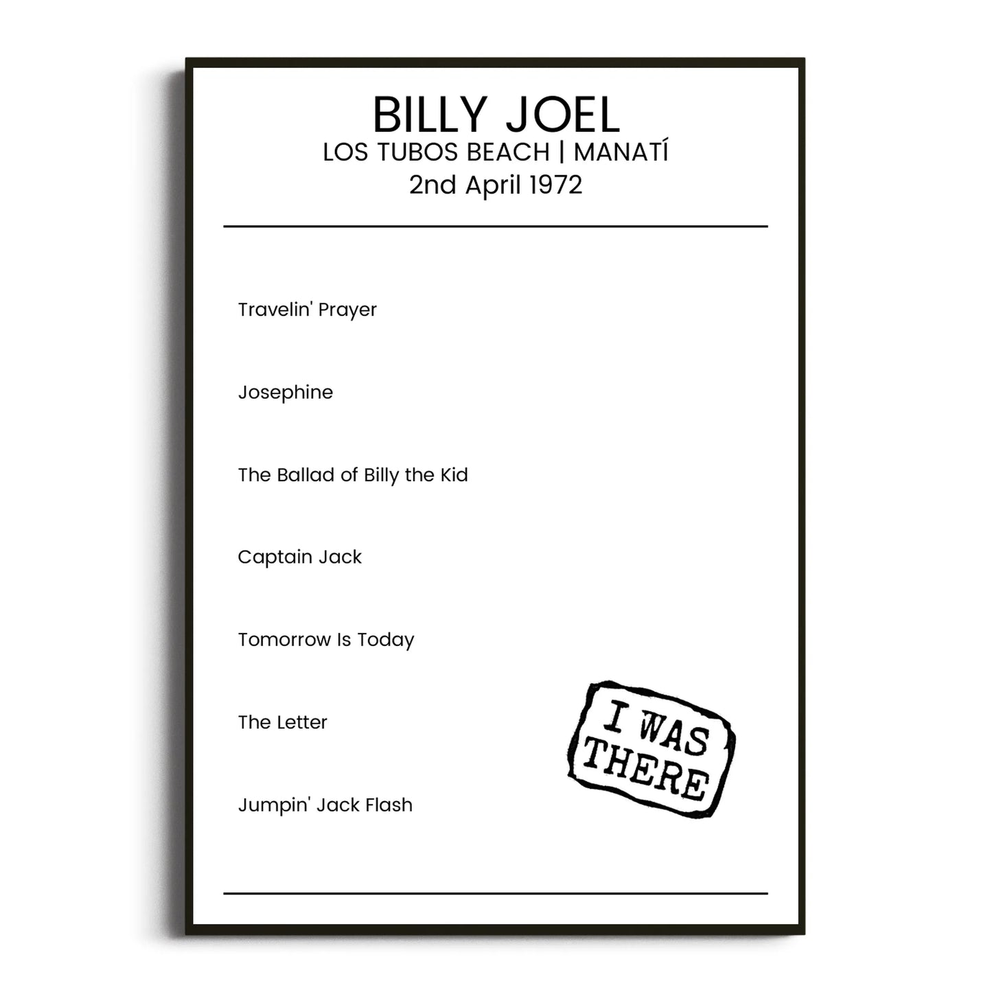 Billy Joel Manatí 02 April 1972 Setlist Poster