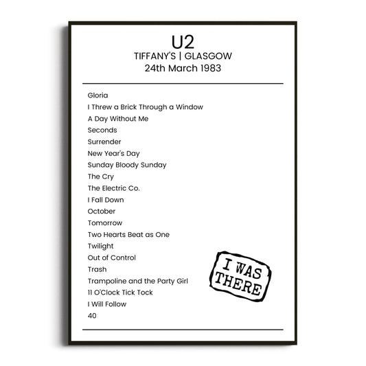 U2 Glasgow 24 March 1983 Setlist Poster