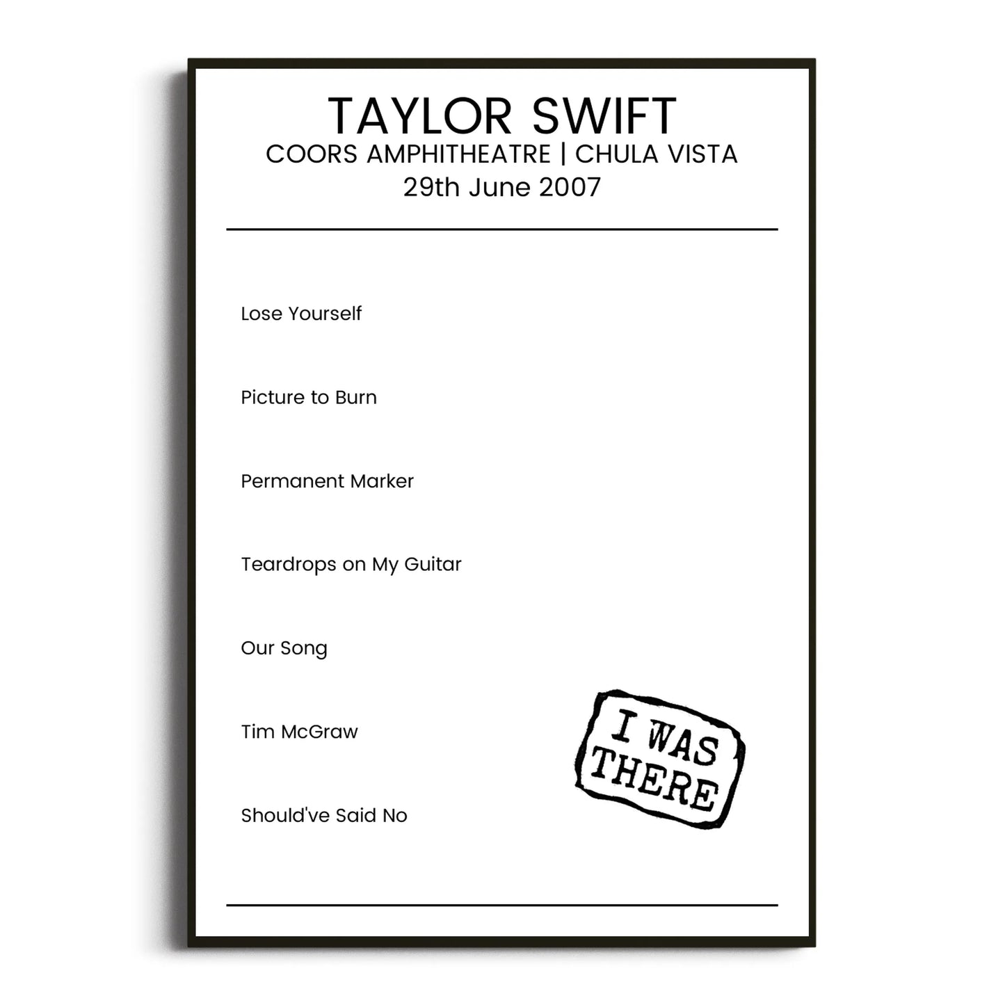 Taylor Swift Chula Vista 29 June 2007 Setlist Poster