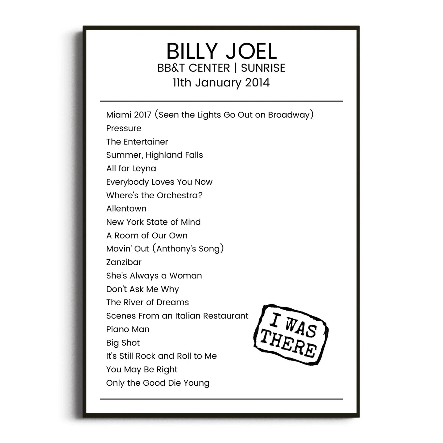 Billy Joel Sunrise 11 January 2014 Setlist Poster