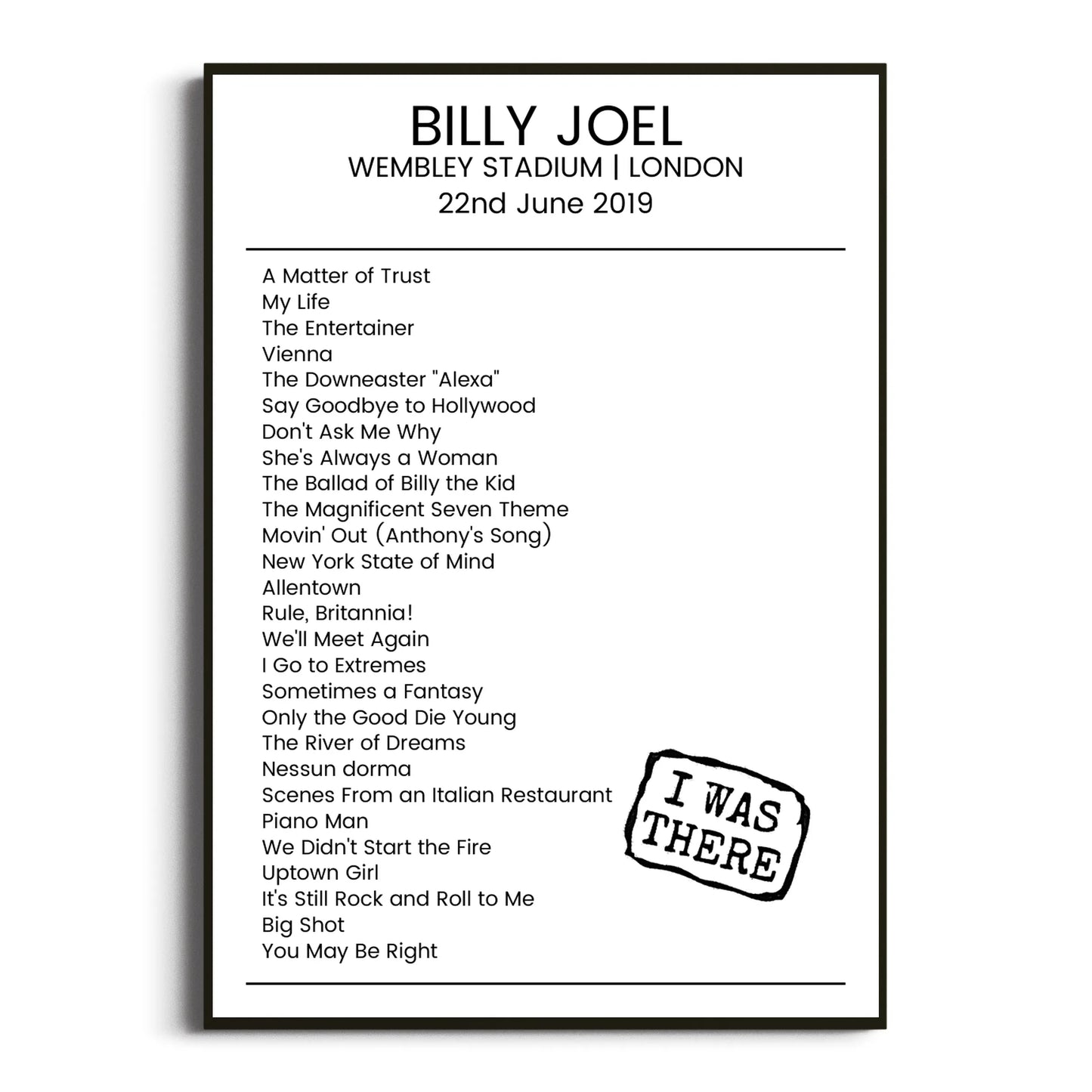 Billy Joel London 22 June 2019 Setlist Poster