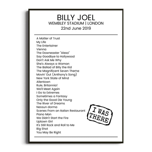 Billy Joel London 22 June 2019 Setlist Poster