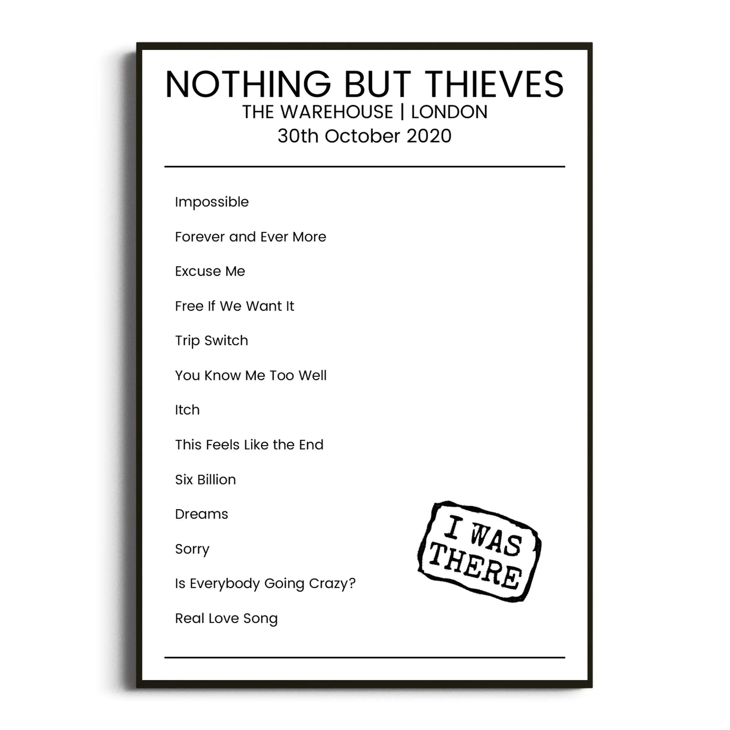 Nothing But Thieves London 30 October 2020 Setlist Poster