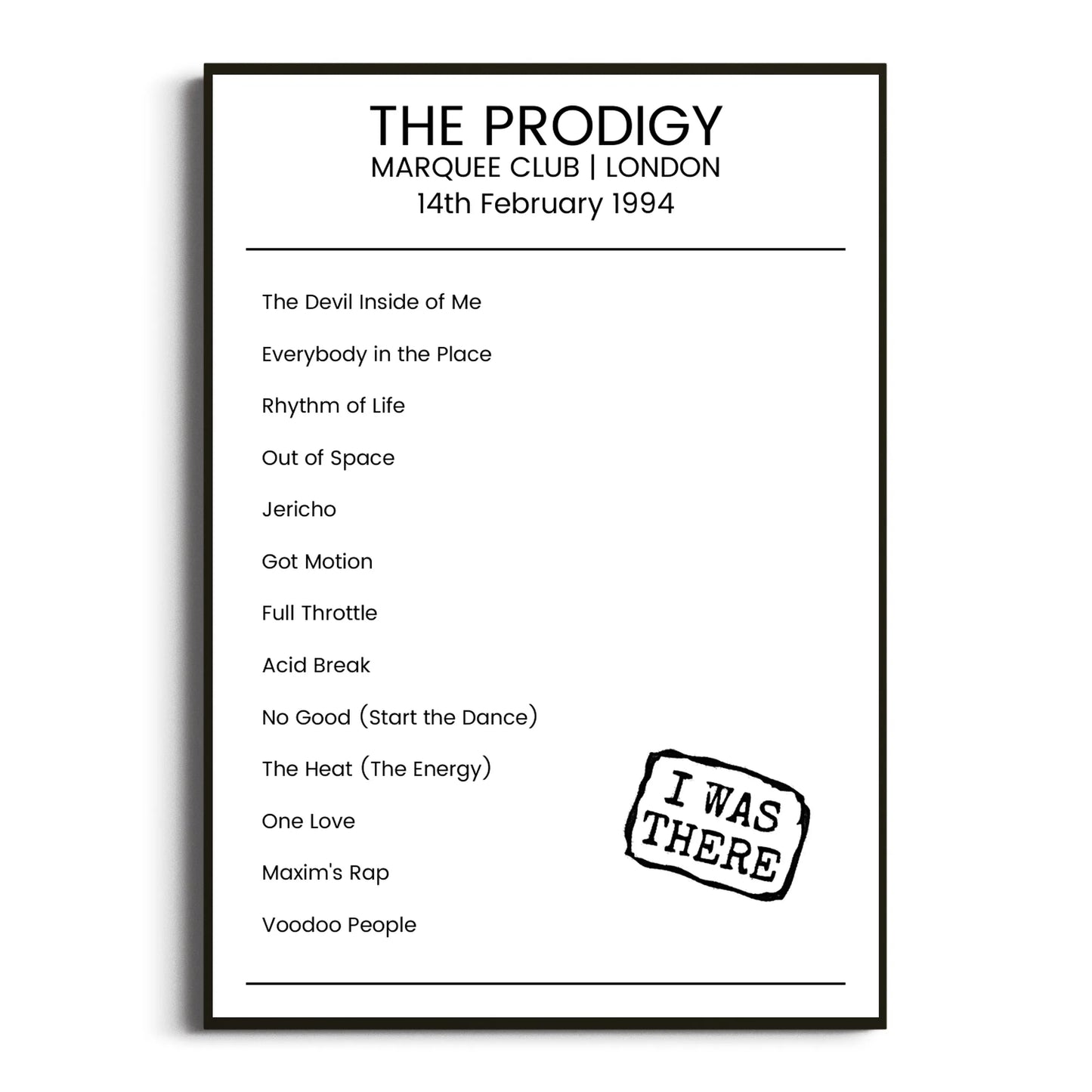 The Prodigy London 14 February 1994 Setlist Poster