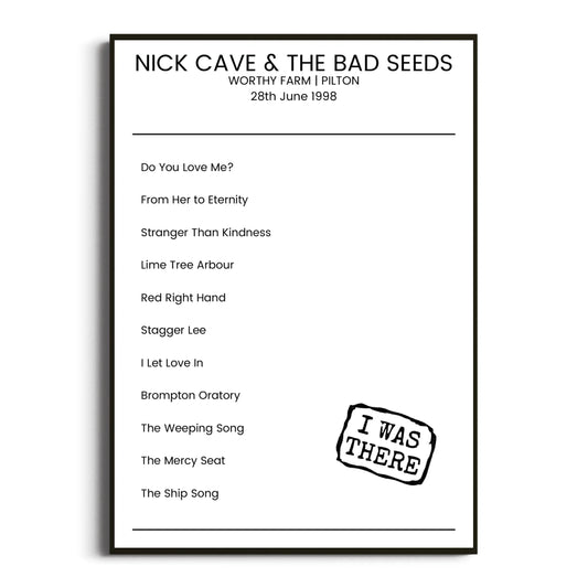 Nick Cave & the Bad Seeds Pilton 28 June 1998 Setlist Poster