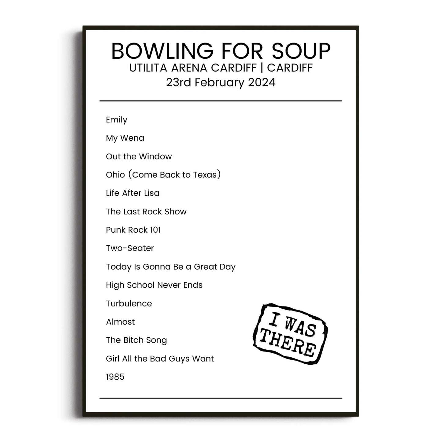 Bowling for Soup Cardiff 23 February 2024 Setlist Poster