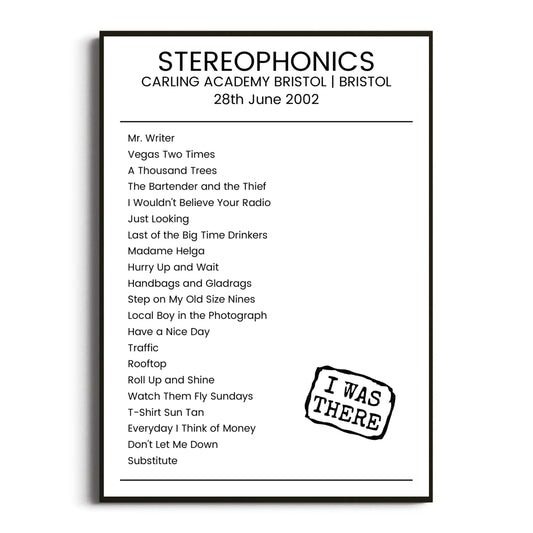 Stereophonics Bristol 28 June 2002 Setlist Poster