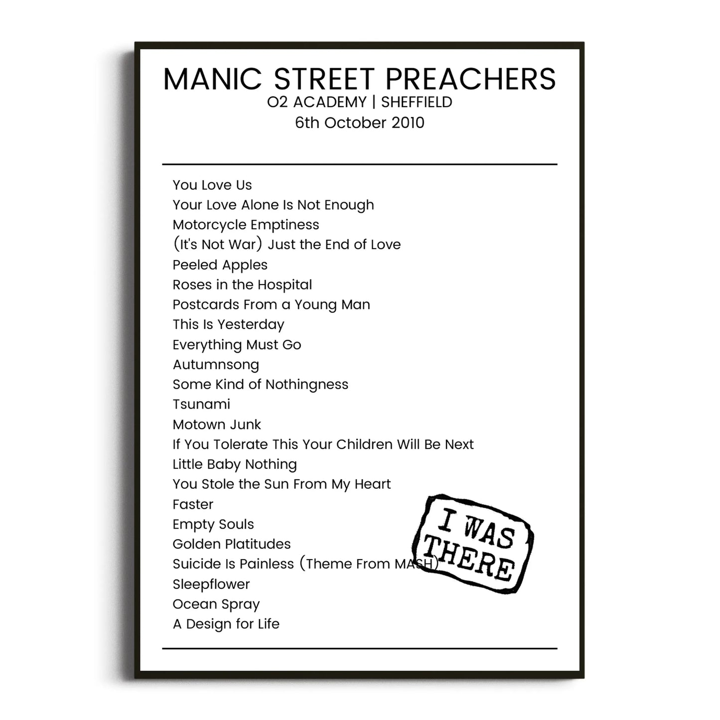 Manic Street Preachers Sheffield 06 October 2010 Setlist Poster