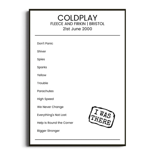 Coldplay Bristol 21 June 2000 Setlist Poster