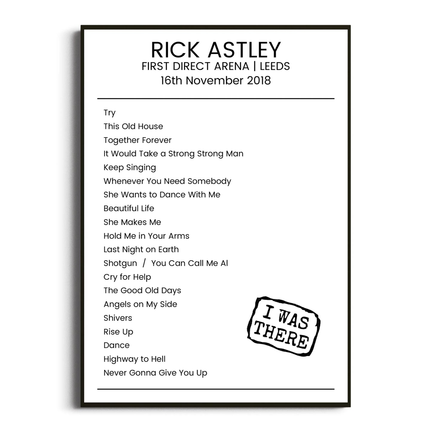 Rick Astley Leeds 16 November 2018 Setlist Poster