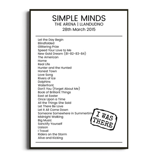 Simple Minds Llandudno 28 March 2015 Setlist Poster