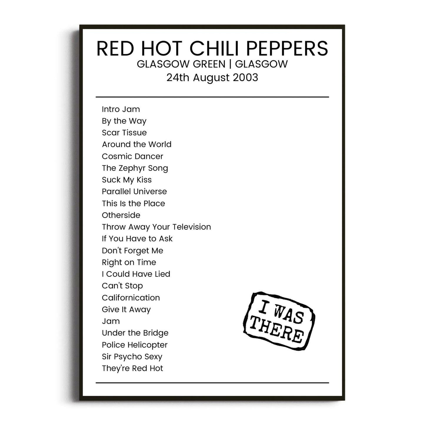 Red Hot Chili Peppers Glasgow 24 August 2003 Setlist Poster