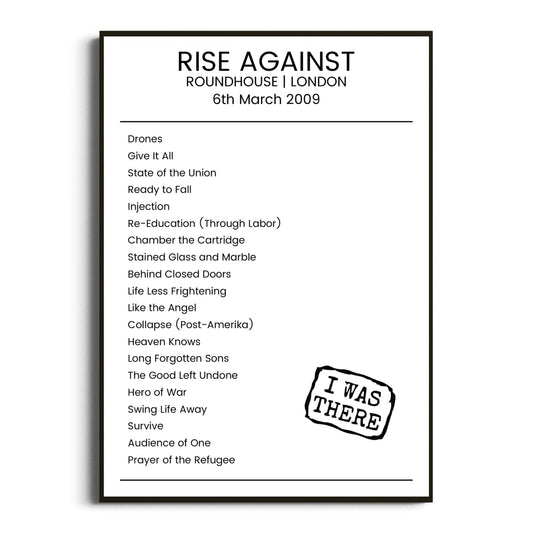 Rise Against London 06 March 2009 Setlist Poster