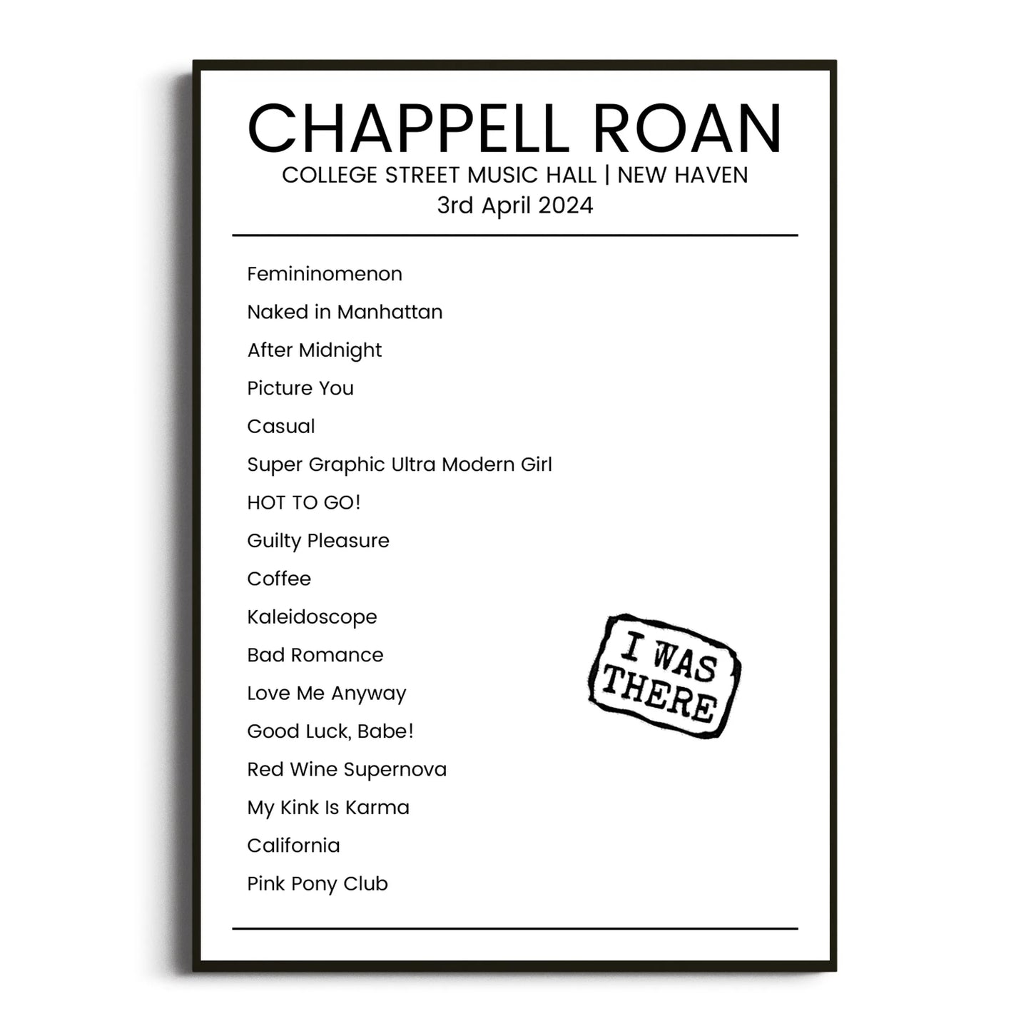 Chappell Roan New Haven 03 April 2024 Setlist Poster