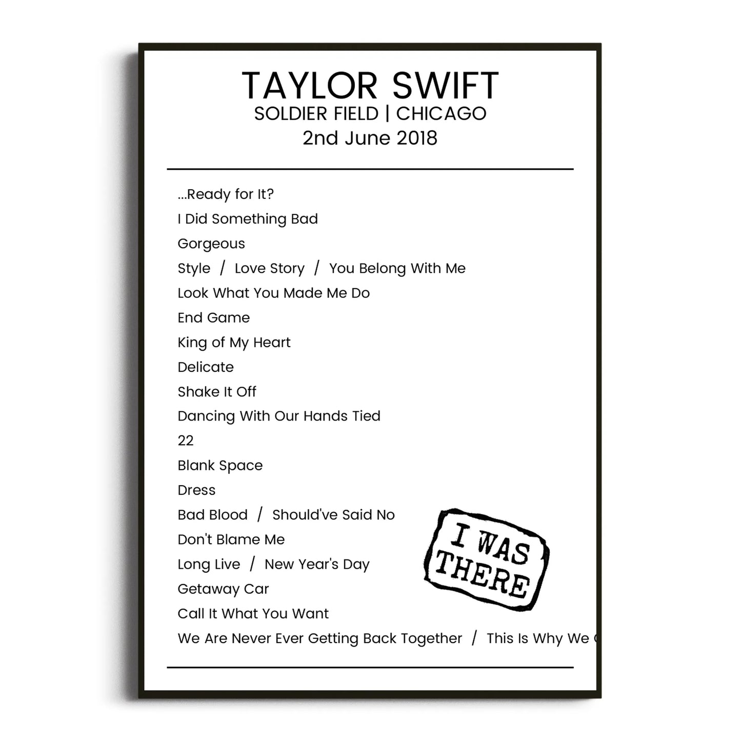 Taylor Swift Chicago 02 June 2018 Setlist Poster