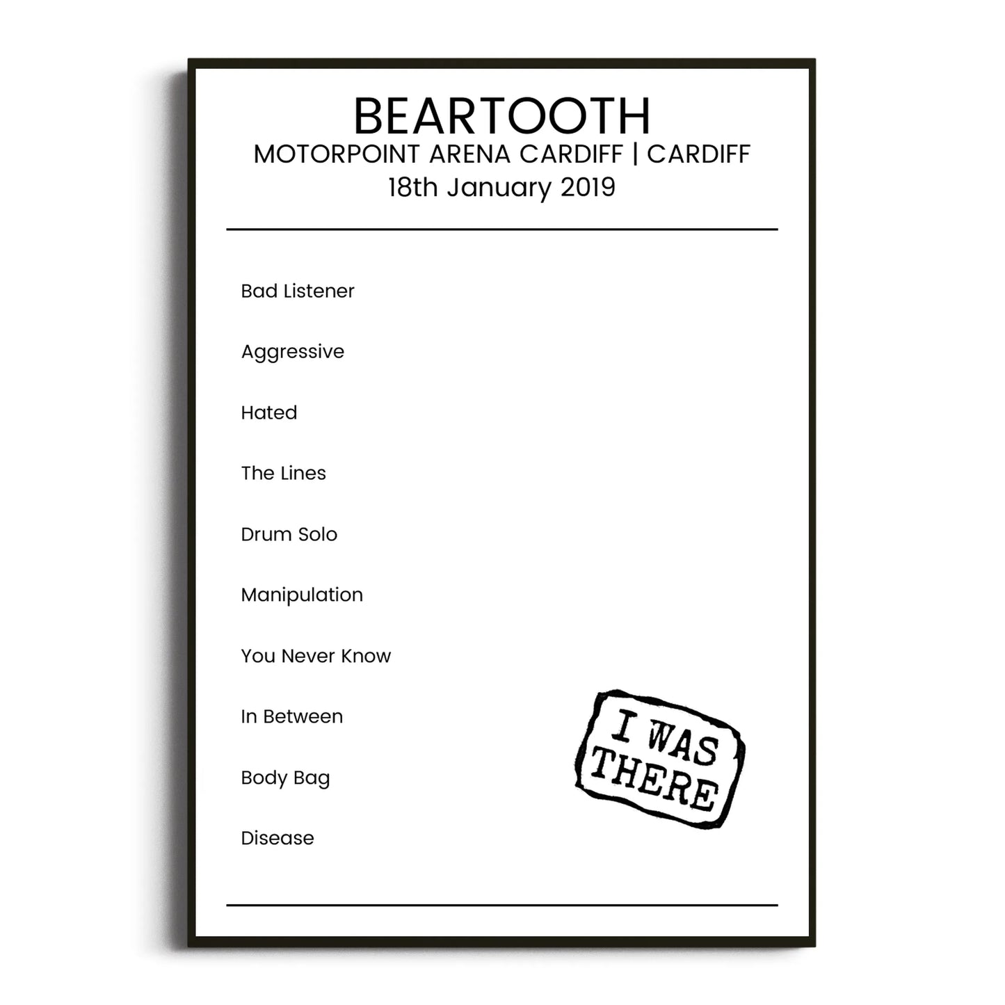 Beartooth Cardiff 18 January 2019 Setlist Poster