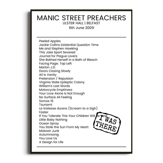 Manic Street Preachers Belfast 06 June 2009 Setlist Poster