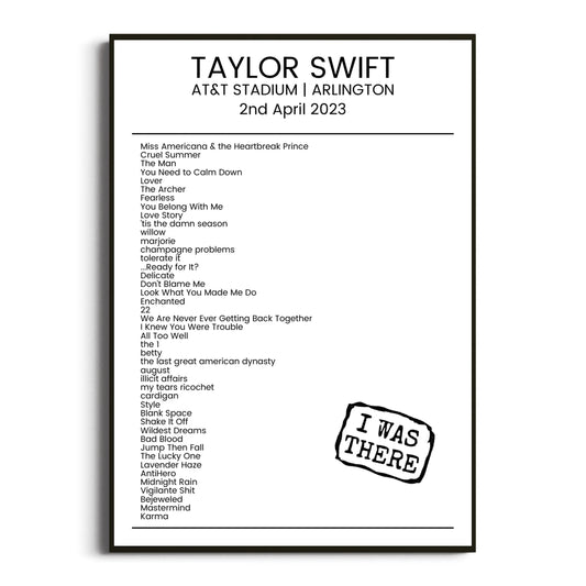 Taylor Swift Arlington 02 April 2023 Setlist Poster