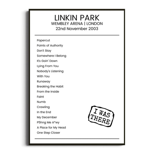 Linkin Park London 22 November 2003 Setlist Poster