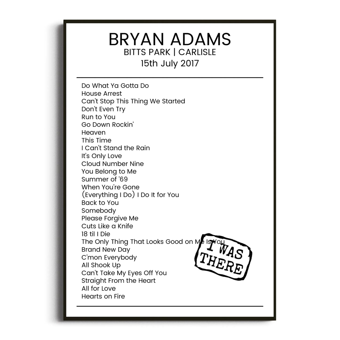 Bryan Adams Carlisle 15 July 2017 Setlist Poster