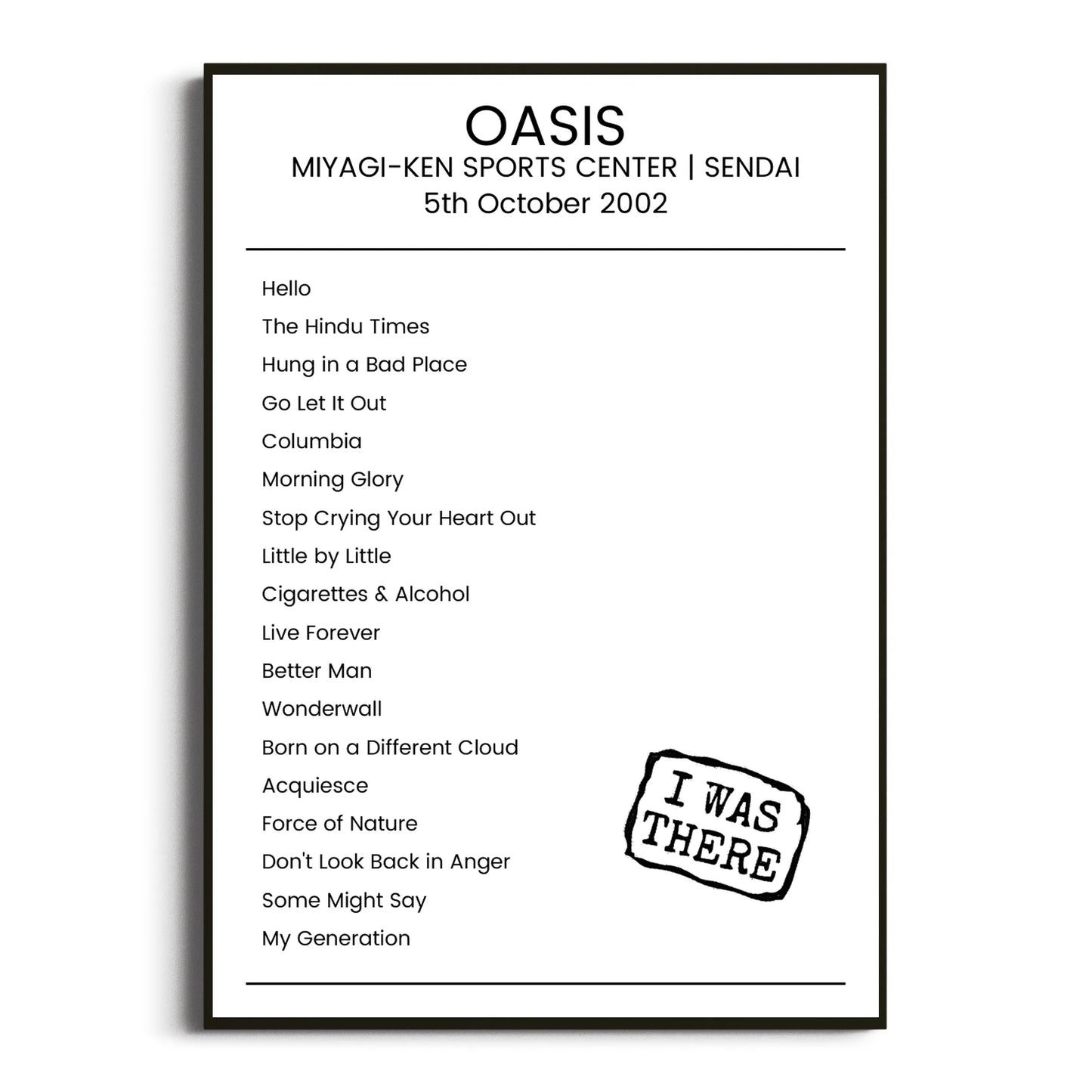 Oasis Sendai 05 October 2002 Setlist Poster