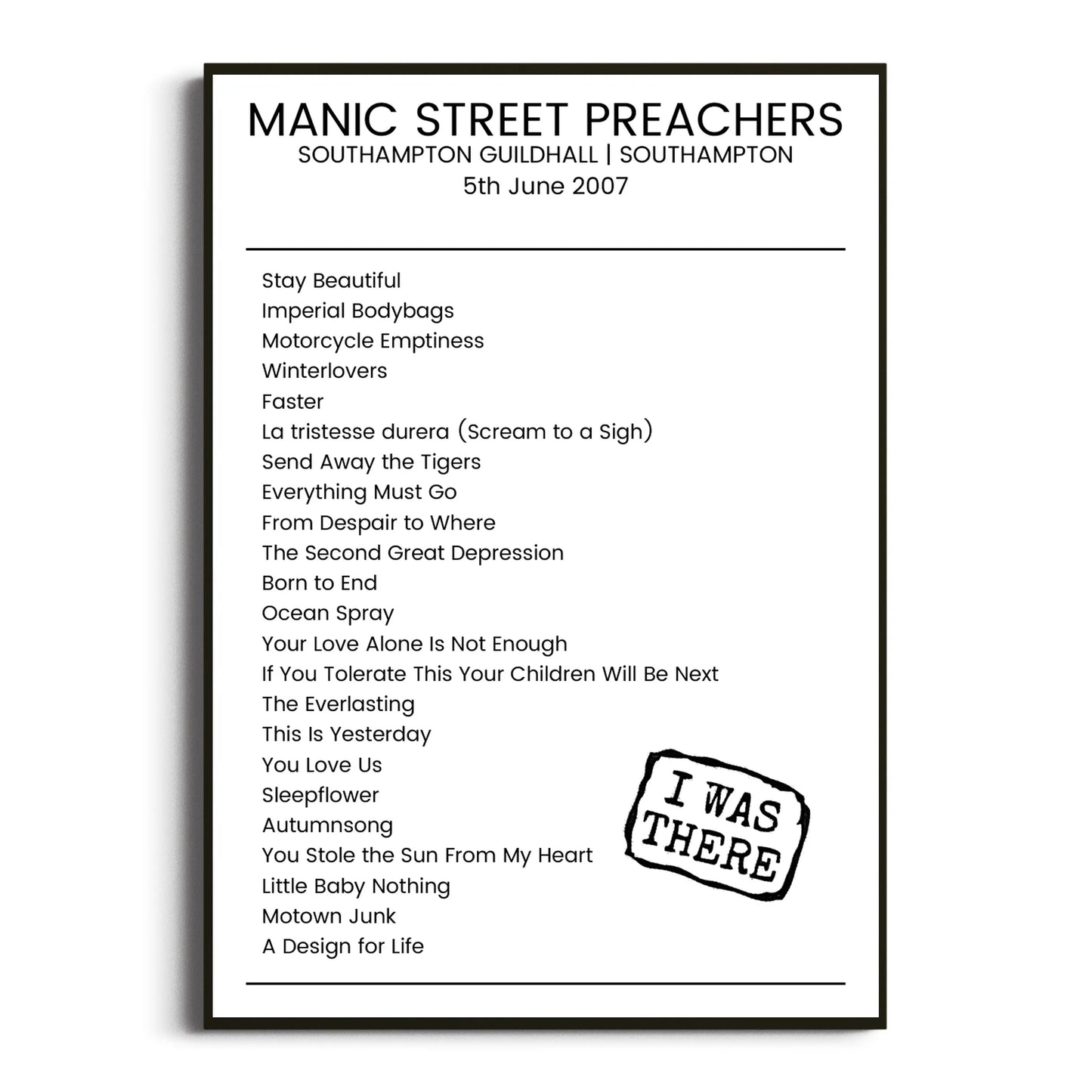 Manic Street Preachers Southampton 05 June 2007 Setlist Poster