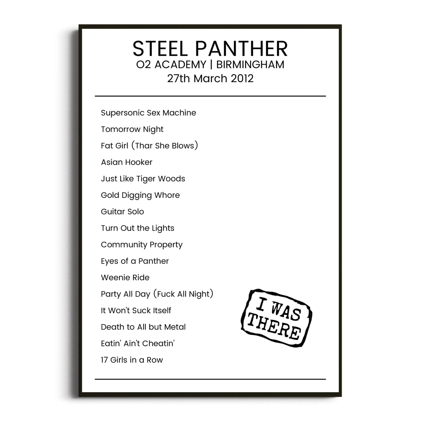 Steel Panther Birmingham 27 March 2012 Setlist Poster