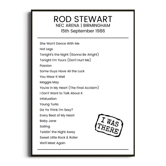 Rod Stewart Birmingham 15 September 1986 Setlist Poster