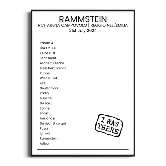 Rammstein Reggio nell'Emilia 21 July 2024 Setlist Poster