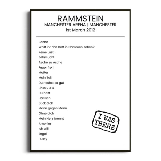 Rammstein Manchester 01 March 2012 Setlist Poster