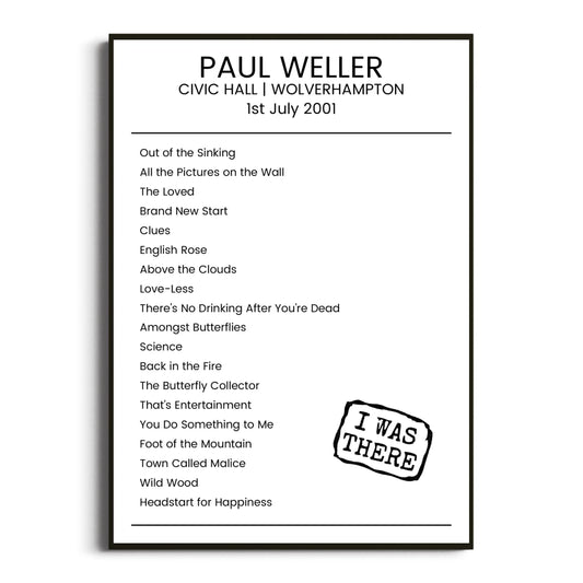 Paul Weller Wolverhampton 01 July 2001 Setlist Poster