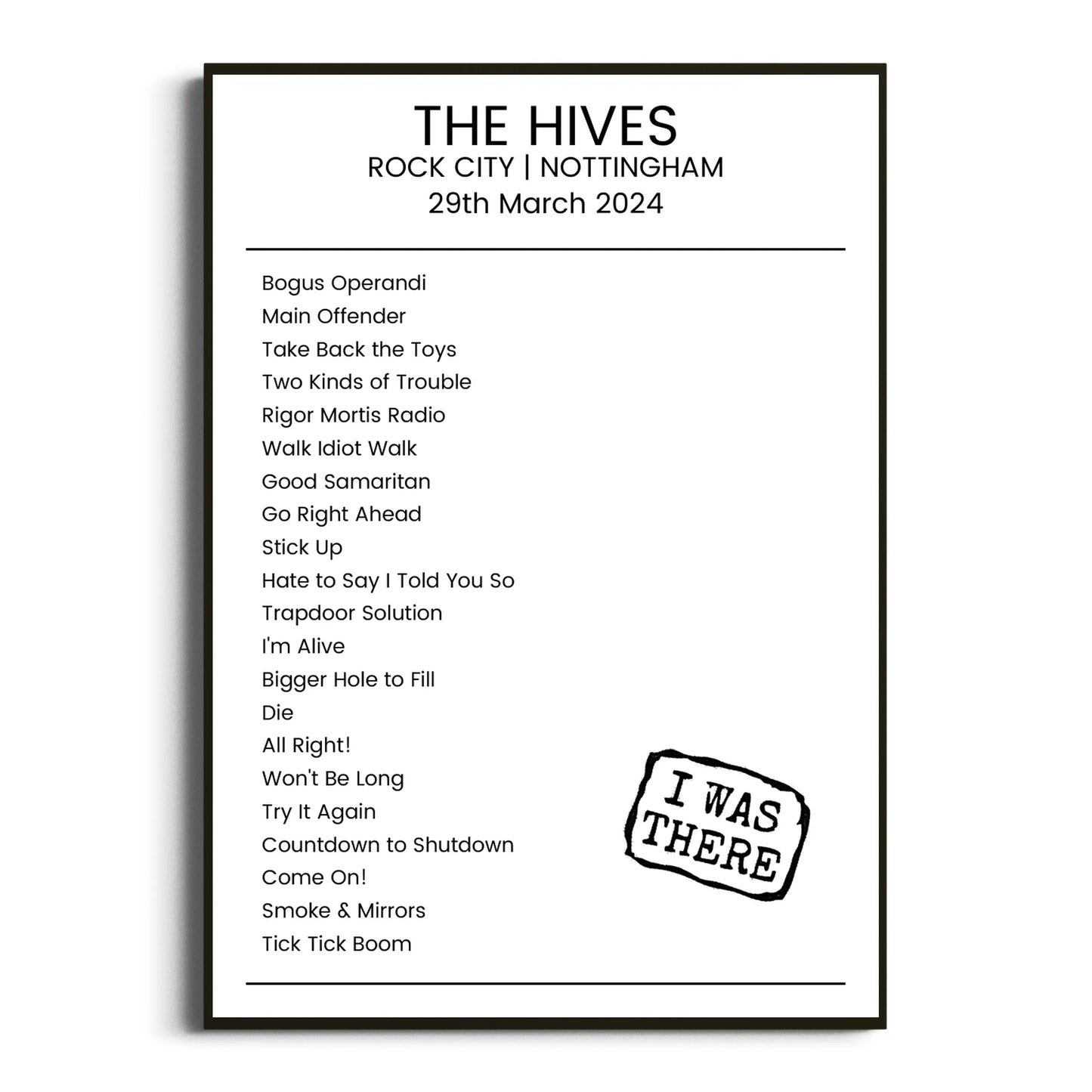 The Hives Nottingham 29 March 2024 Setlist Poster