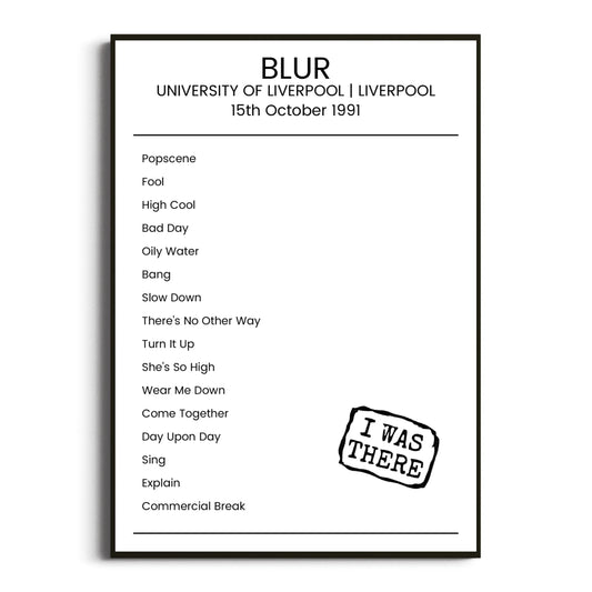 Blur Liverpool 15 October 1991 Setlist Poster